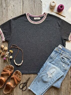 Natural Life Charcoal Grey Crochet Trim T-Shirt Boho XS/S